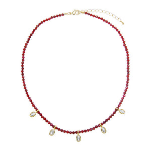 Garnet / 3MM Garnet Beaded CZ Oval Bezel Dangle Charm Necklace - Adina Eden's Jewels