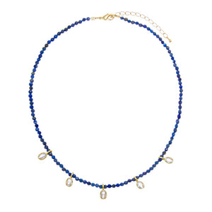 Lapis / 3MM Lapis Beaded CZ Oval Bezel Dangle Charm Necklace - Adina Eden's Jewels
