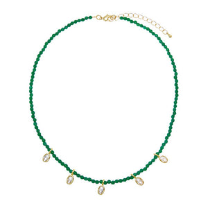 Emerald Green / 3MM Emerald Green Beaded CZ Oval Bezel Dangle Charm Necklace - Adina Eden's Jewels