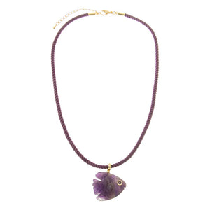 Amethyst Amethyst Carved Fish Dark Purple Pendant Rope Necklace - Adina Eden's Jewels