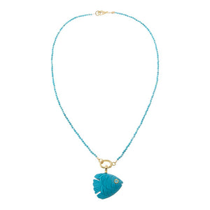Turquoise Turquoise Beaded/Carved Fish Pendant Clicker Necklace - Adina Eden's Jewels