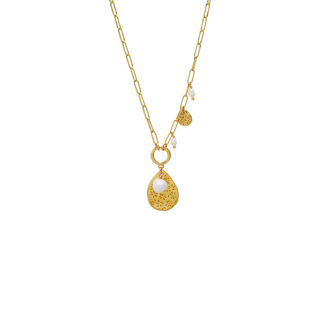 Gold Floral Etched Pearl Charm Necklace - Adina Eden's Jewels