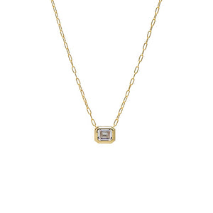 CZ Emerald Cut Bezel Set Paperclip Necklace