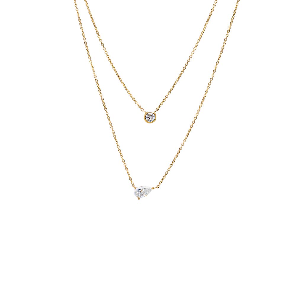 14K Gold Lab Grown Diamond Double Layer Pear & Bezel Necklace 14K - Adina Eden's Jewels