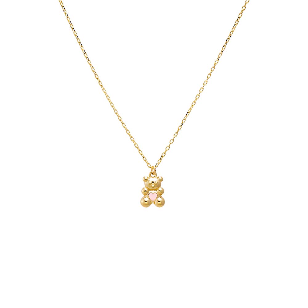 14K Gold Kids Pink Heart Bear Necklace 14K - Adina Eden's Jewels