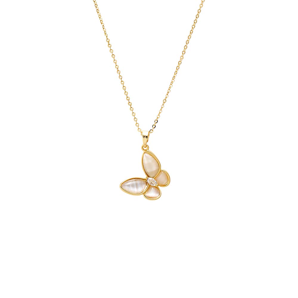 Gold Pearl Stone Sideway Dangling Butterfly Necklace - Adina Eden's Jewels