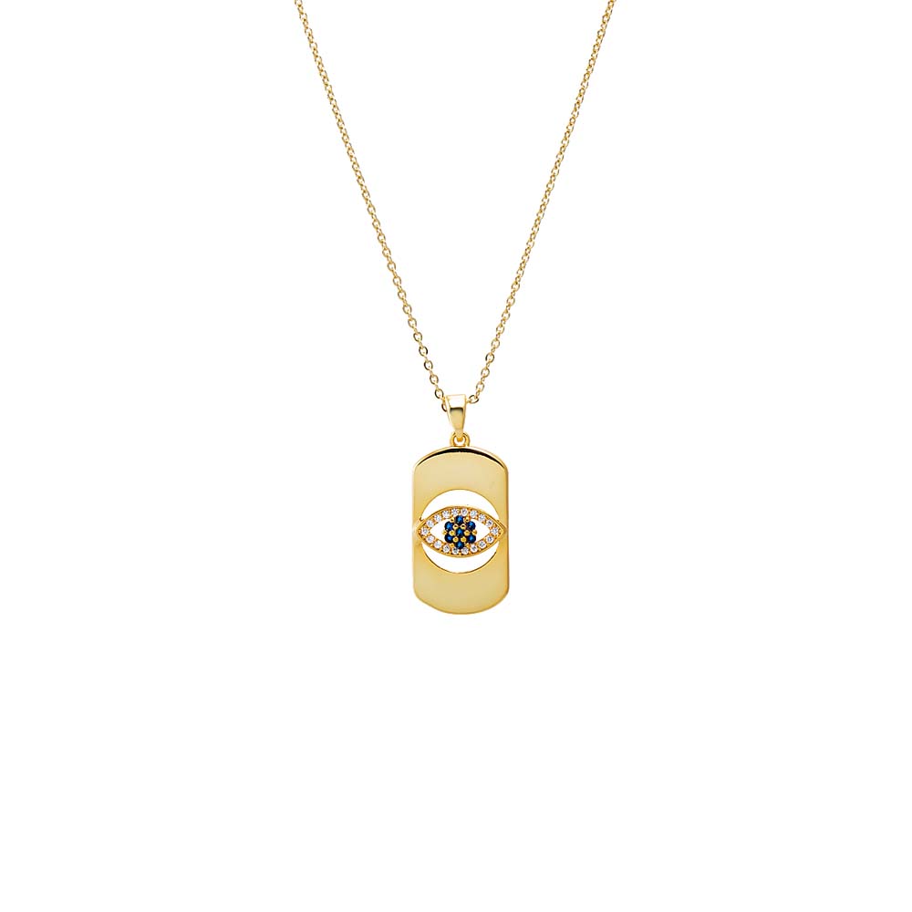 Sapphire Blue Colored Pave Evil Eye Cutout Dog Tag Necklace - Adina Eden's Jewels