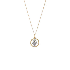 Diamond Hamsa Hand Evil Eye Charm Necklace 14K