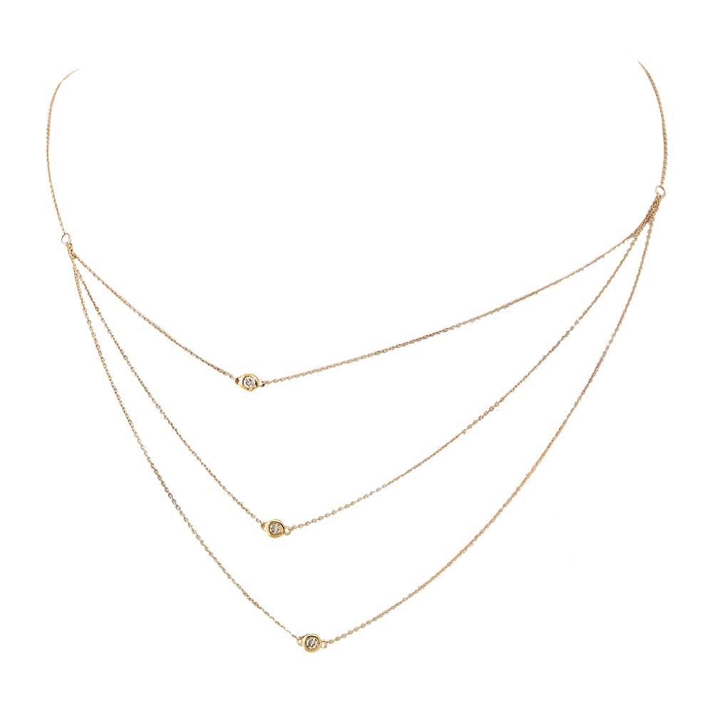 14K Gold Diamond Sideway Bezel Triple Chain Necklace 14K - Adina Eden's Jewels