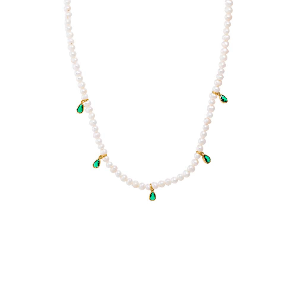 Pearl White Dangling Colored CZ Bezels Pearl Necklace - Adina Eden's Jewels