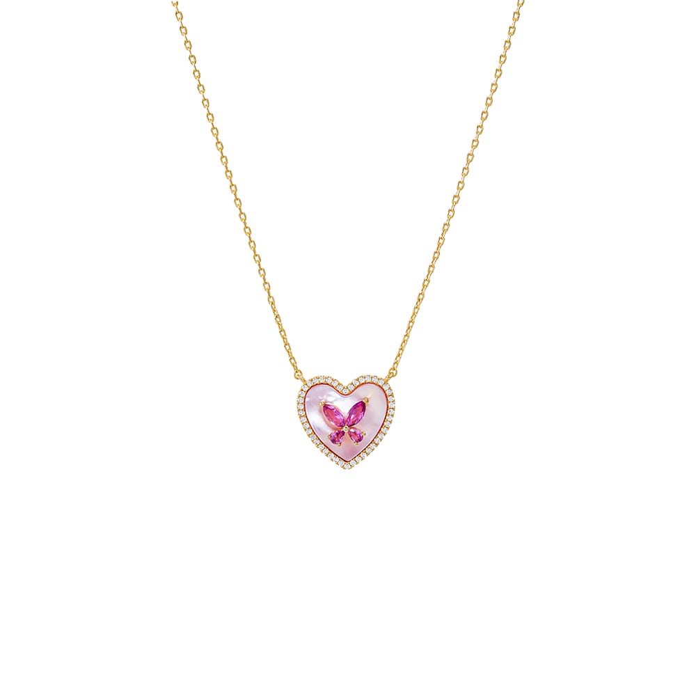 Pink Mother Of Pearl Pink CZ Butterfly Heart Stone Necklace - Adina Eden's Jewels