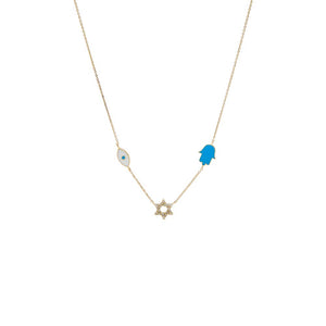 14K Gold Diamond & Colored Enamel Jewish Charms Necklace 14K - Adina Eden's Jewels