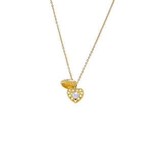 Gold CZ Heart Caged Pearl Pendant Necklace - Adina Eden's Jewels