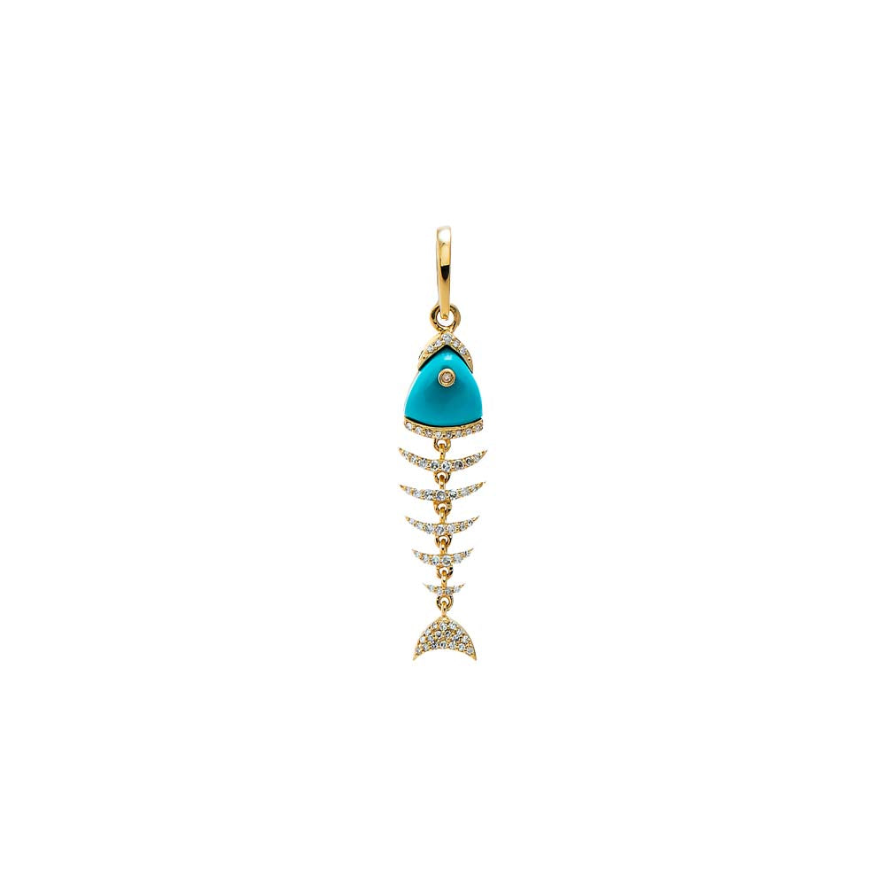 14K Gold Turquoise Diamond Fish Bone Drop Pendant 14K - Adina Eden's Jewels