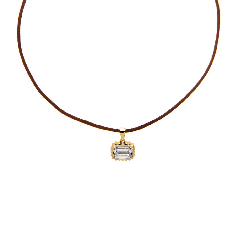 Brown / 1CT Lab Grown Diamond Emerald Beaded Brown Leather Chain Necklace 14K - Adina Eden's Jewels