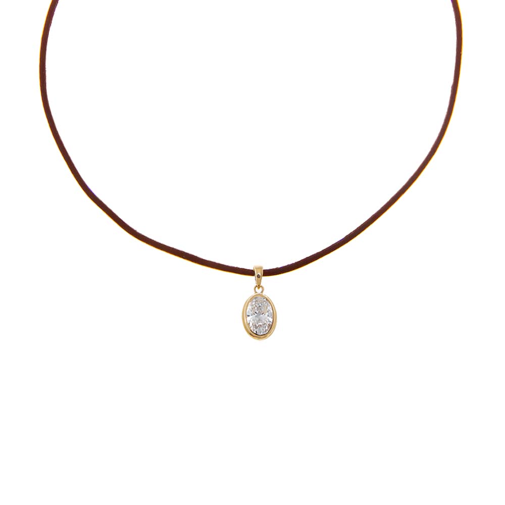 Brown / 1CT Lab Grown Diamond Oval Bezel Brown Leather Chain Necklace 14K - Adina Eden's Jewels