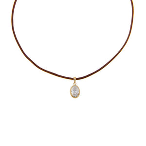Brown / 1CT Lab Grown Diamond Oval Bezel Brown Leather Chain Necklace 14K - Adina Eden's Jewels