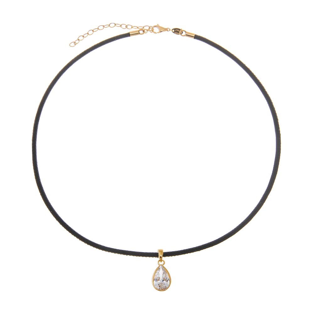 Black / 1CT Lab Grown Diamond Pear Bezel Leather Chain Necklace 14K - Adina Eden's Jewels