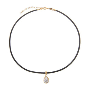 Black / 1CT Lab Grown Diamond Pear Bezel Leather Chain Necklace 14K - Adina Eden's Jewels