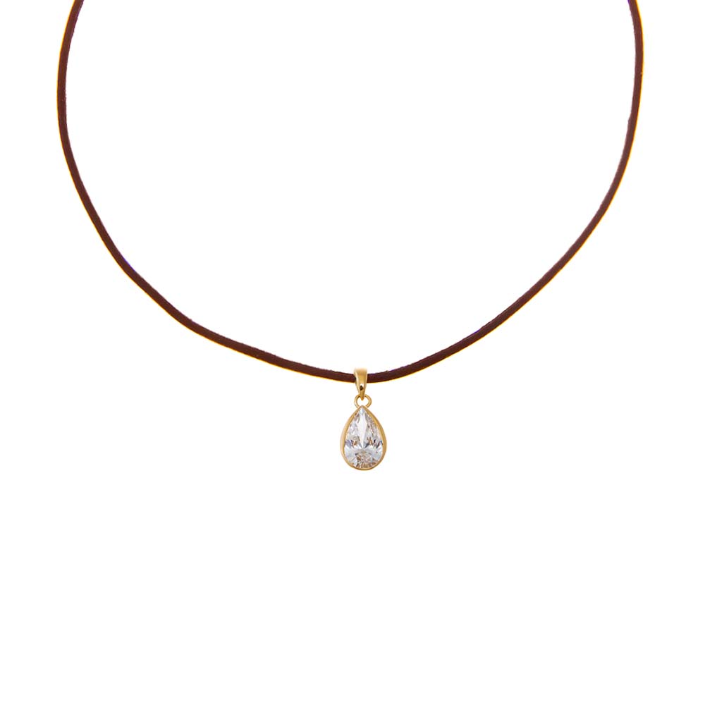 Brown / 1CT Lab Grown Diamond Pear Bezel Brown Leather Chain Necklace 14K - Adina Eden's Jewels