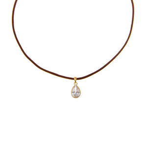 Brown / 1CT Lab Grown Diamond Pear Bezel Brown Leather Chain Necklace 14K - Adina Eden's Jewels