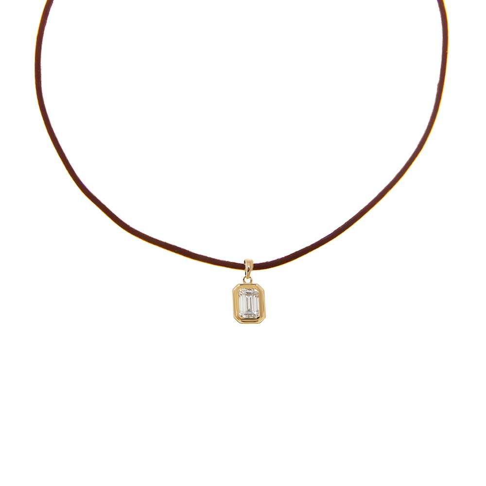 Brown / 1CT Lab Grown Diamond Emerald Bezel Brown Leather Chain Necklace 14K - Adina Eden's Jewels