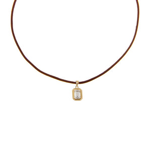 Brown / 1CT Lab Grown Diamond Emerald Bezel Brown Leather Chain Necklace 14K - Adina Eden's Jewels