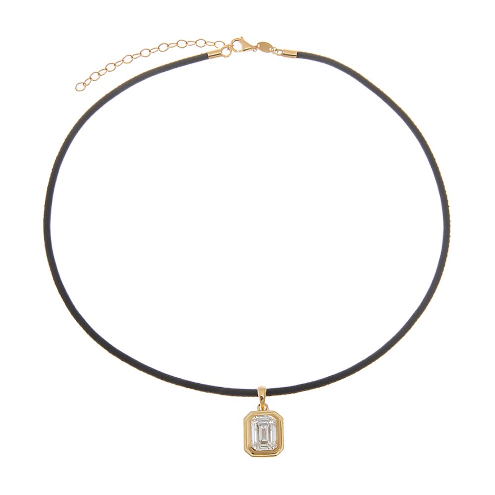 Black / 1CT Lab Grown Diamond Emerald Bezel Leather Chain Necklace 14K - Adina Eden's Jewels