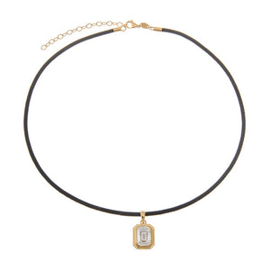 Black / 1CT Lab Grown Diamond Emerald Bezel Leather Chain Necklace 14K - Adina Eden's Jewels