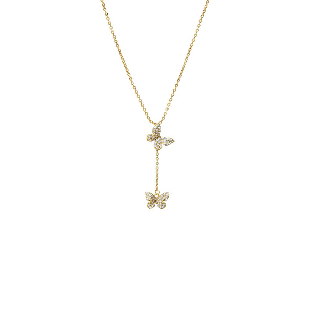 Gold Pave Double Butterfly Drop Pendant Necklace - Adina Eden's Jewels