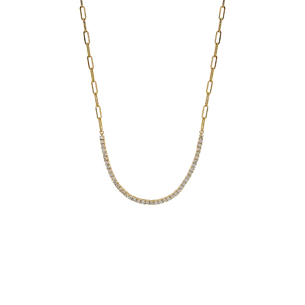 Diamond Half Tennis Paperclip Necklace 14K
