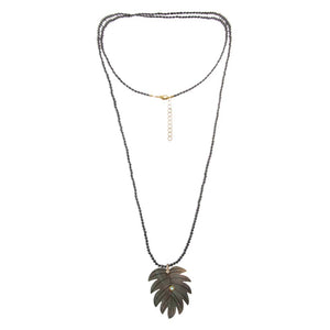 Carved MOP Leaf /Hematite Beaded Pendant Necklace