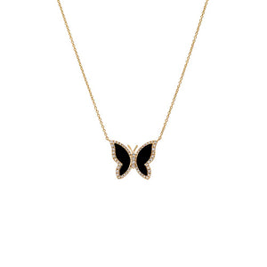 Onyx Pavé Diamond Outline Stone Butterfly Necklace 14K - Adina Eden's Jewels