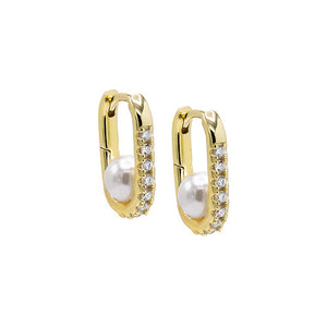 Pearl White / Pair Pavé Oval X Pearl Huggie Earring - Adina Eden's Jewels