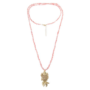 CZ Colored Koi Fish/ Pink Quartz Beaded Pendant Necklace