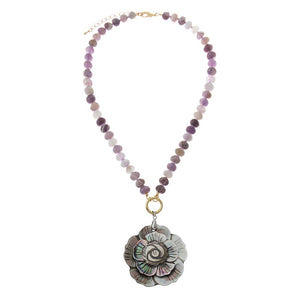 Carved Dark MOP Pendant with Amethyst Beaded Necklace