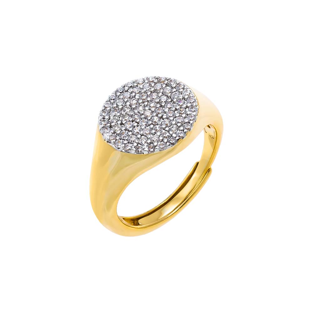 Gold Pave Round Disc Signet Pinky Ring - Adina Eden's Jewels