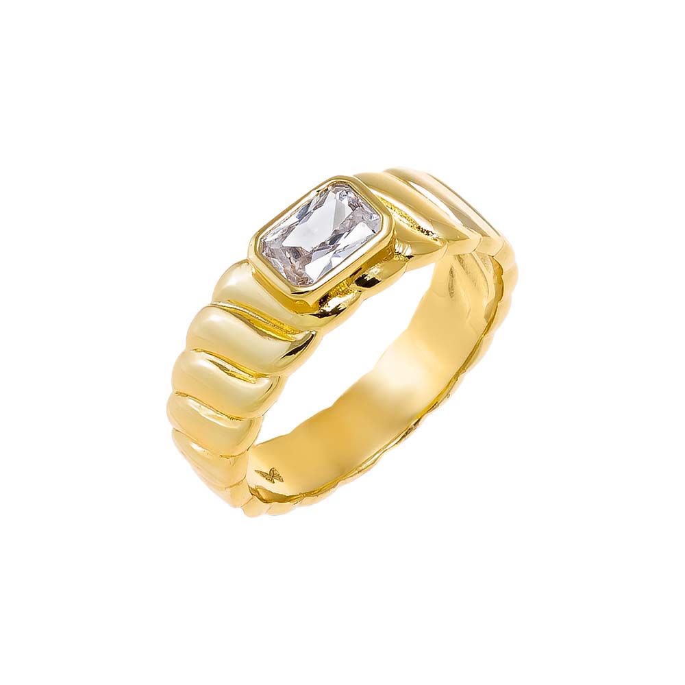 Gold / 6 CZ Bezel Asscher Ridged Band Ring - Adina Eden's Jewels