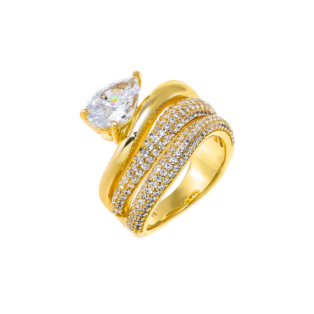 Gold / 6 Solid/Pave Waved Triple Band W/ Pear Stone Ring - Adina Eden's Jewels