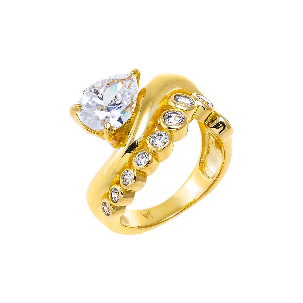 Gold / 6 CZ Bezel Waved Band W/ Pear Stone Ring - Adina Eden's Jewels