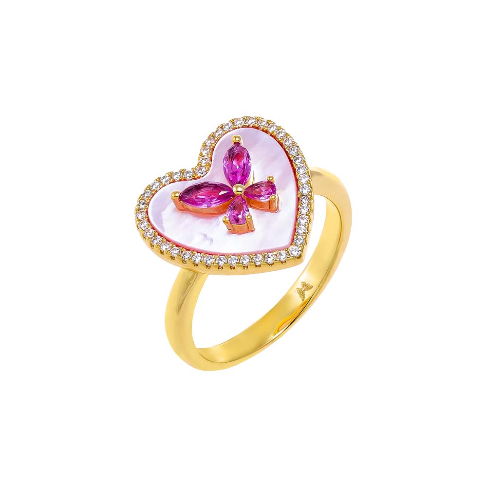 Pink Mother Of Pearl / 6 Pink CZ Butterfly Heart Stone Ring - Adina Eden's Jewels