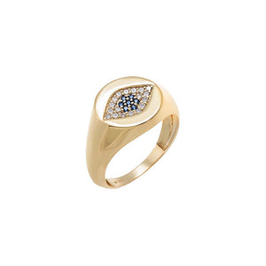 14K Gold / 3 Diamond Pave Evil Eye Sapphire Blue Signet Pinky Ring 14K - Adina Eden's Jewels
