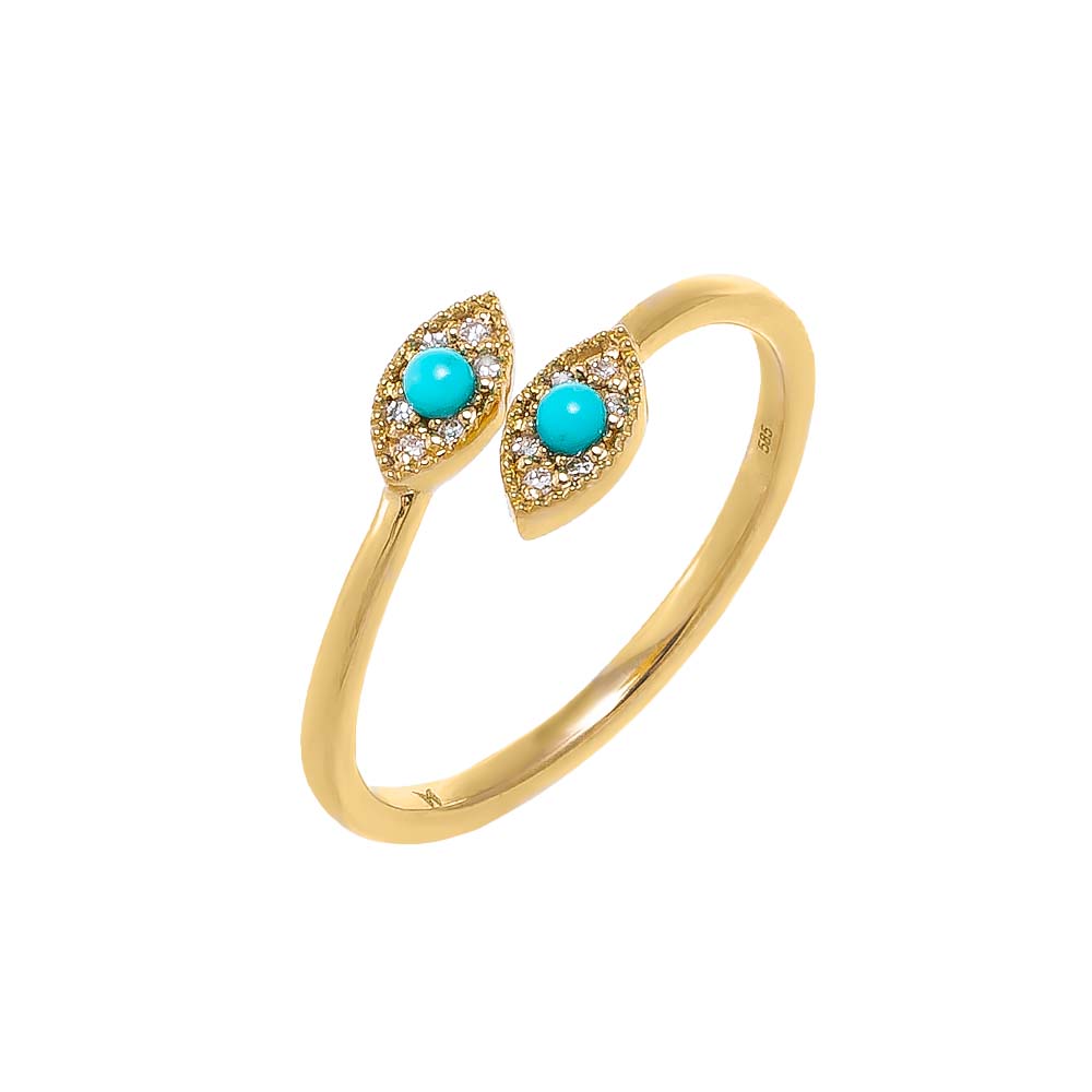 Turquoise / 6 Diamond Pave & Turquoise Evil Eye Wrap Ring 14K - Adina Eden's Jewels