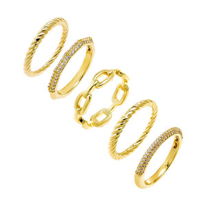 Gold / 8 Solid/Pave Multi Chain 5 In 1 Ring Combo Set - Adina Eden's Jewels