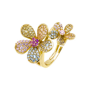 Multi Color / 7 Pastel Pave Double Flower Ring - Adina Eden's Jewels
