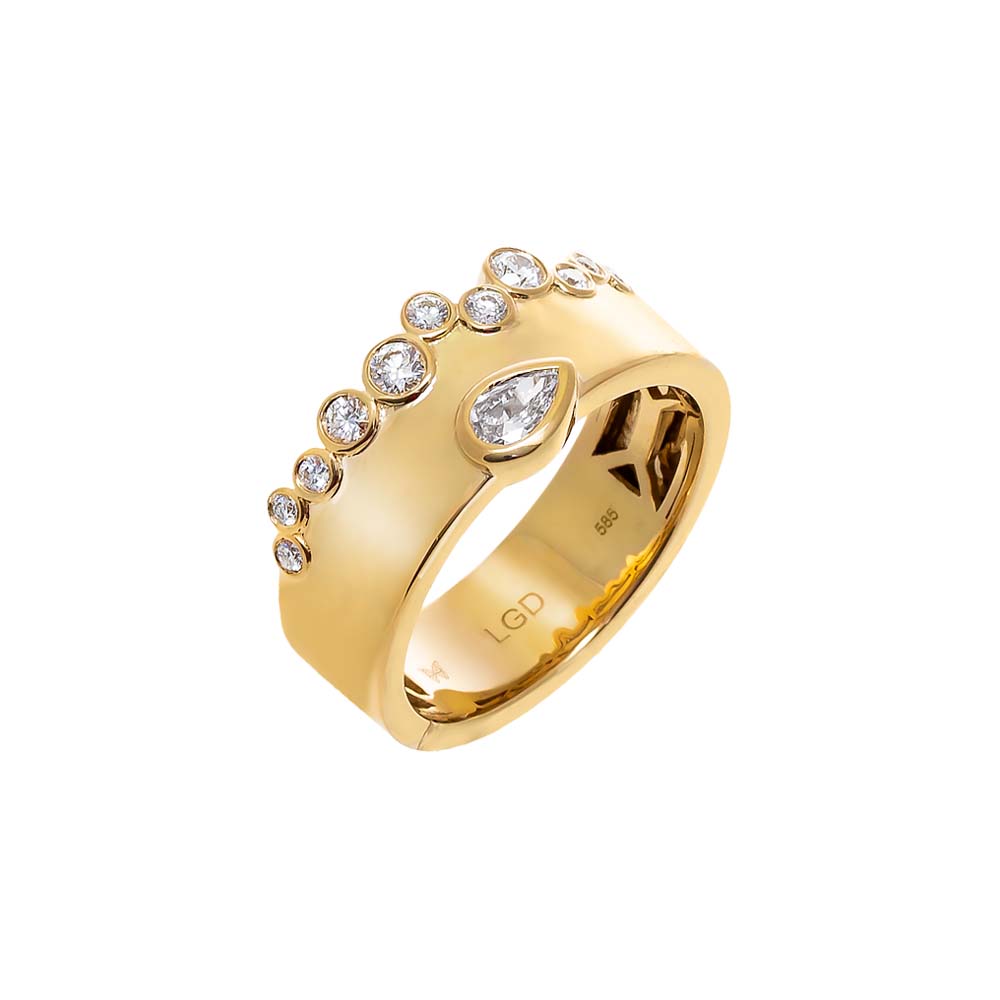 14K Gold / 6 Lab Grown Diamond Round & Pear Bezel Wide Band Ring 14K - Adina Eden's Jewels