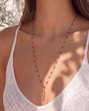 CZ Fishbone with Extra Long Beaded Chain Necklace