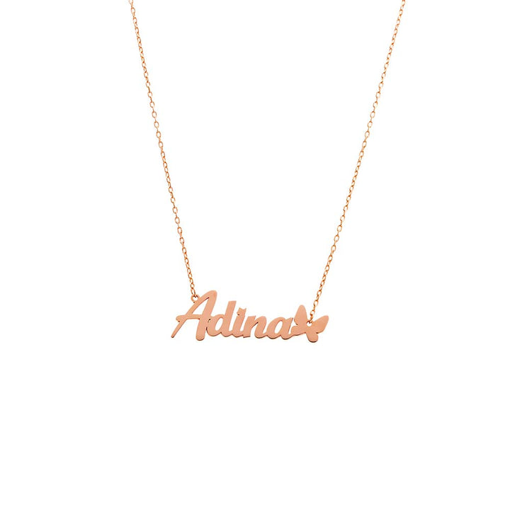 Rose Gold Solid Butterfly Script Nameplate Necklace - Adina Eden's Jewels