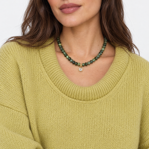 Serpentine Jade Beaded CZ Assher Bezel Drop Charm Necklace - Adina Eden's Jewels
