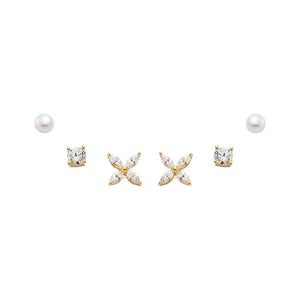 Gold CZ Flower & Pearl Stud Earring Combo Set - Adina Eden's Jewels